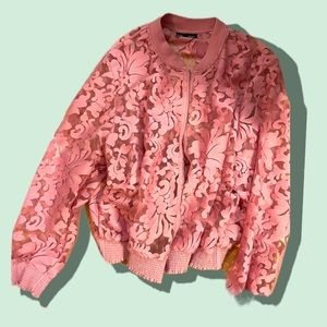 Lane Bryant Plus Size Pink Lace Embroidered Sheer Bomber Jacket